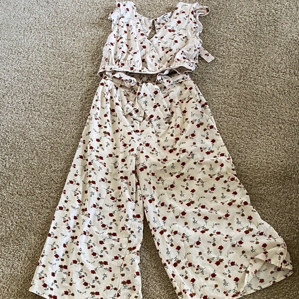 Papaya Floral Ruffle Jumpsuit - Red and White